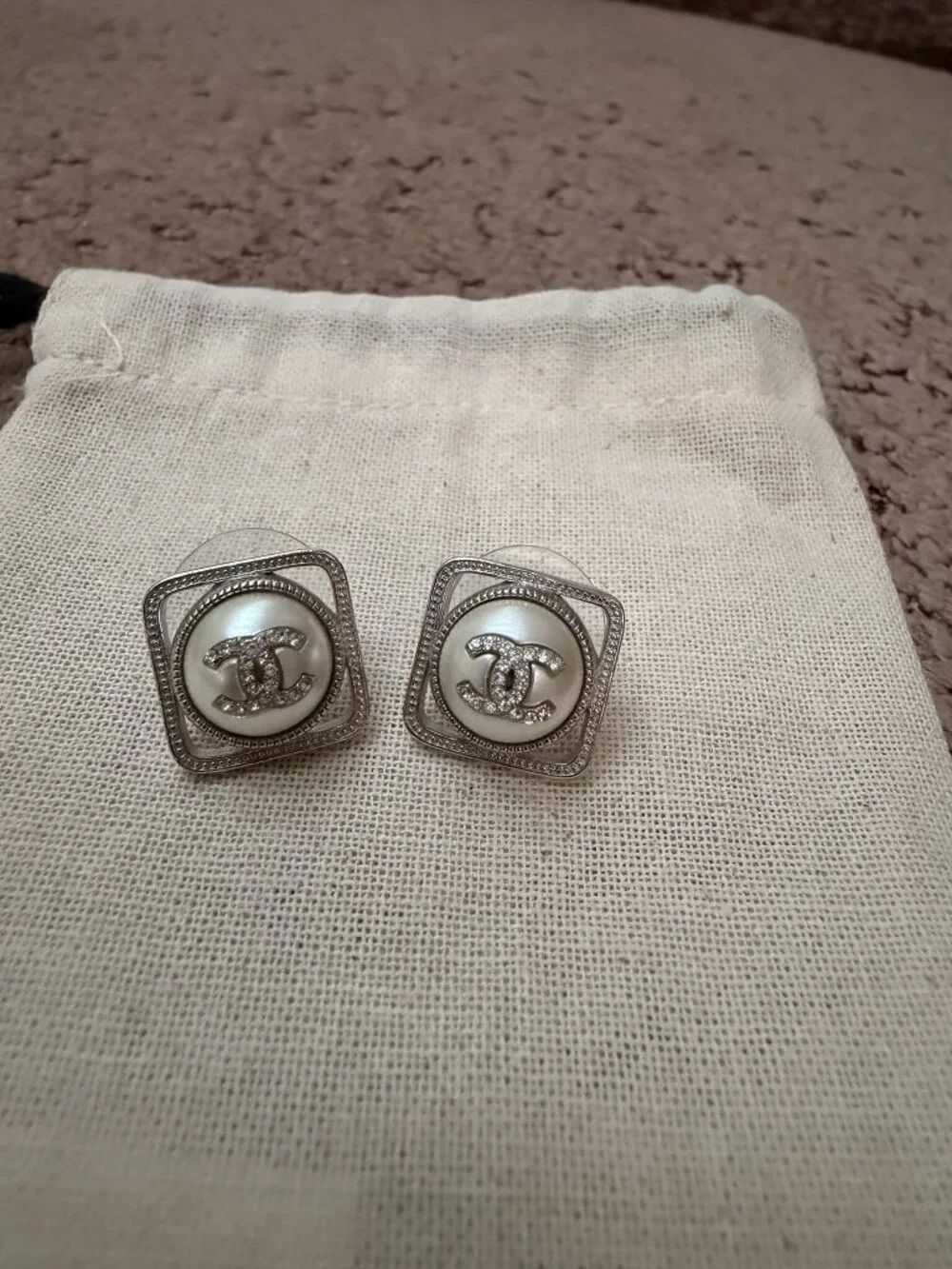 Chanel P20 Pearl Crystal CC Square Stud Earrings
